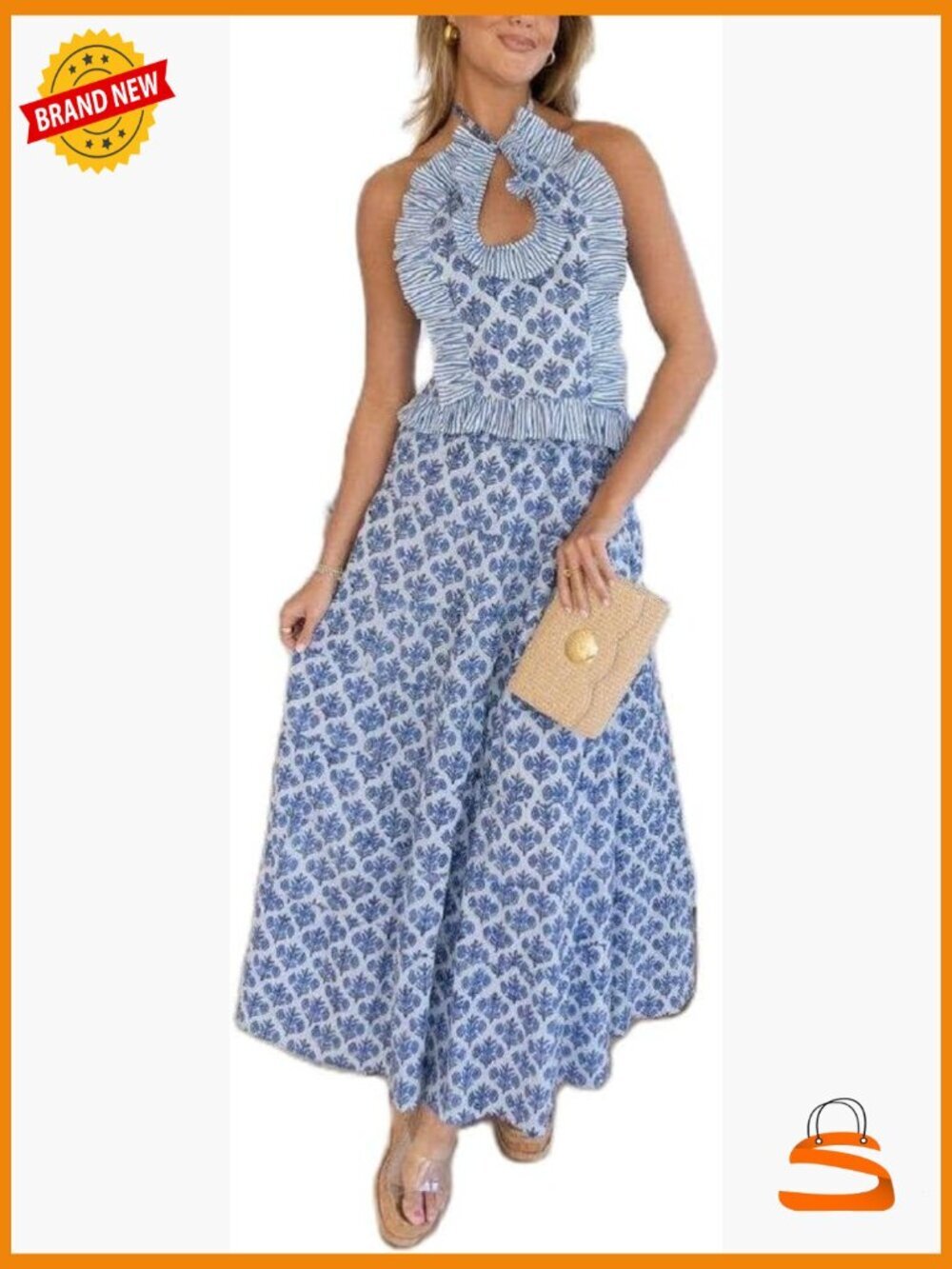 2 Piece Maxi Skirt Set Halter Ruched Cami Top Tiered Ruffle Skirt Summer Outfits